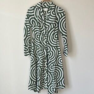 ANTHROPOLOGIE Long-Sleeve Poplin Shirt Dress Cotton Green and White Swirl Size 8